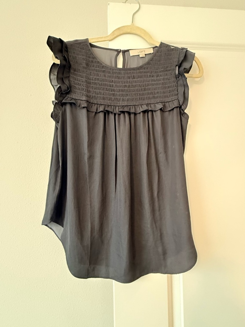 LOFT Charcoal Ruffle-Sleeve Smocked-Yoke Blouse